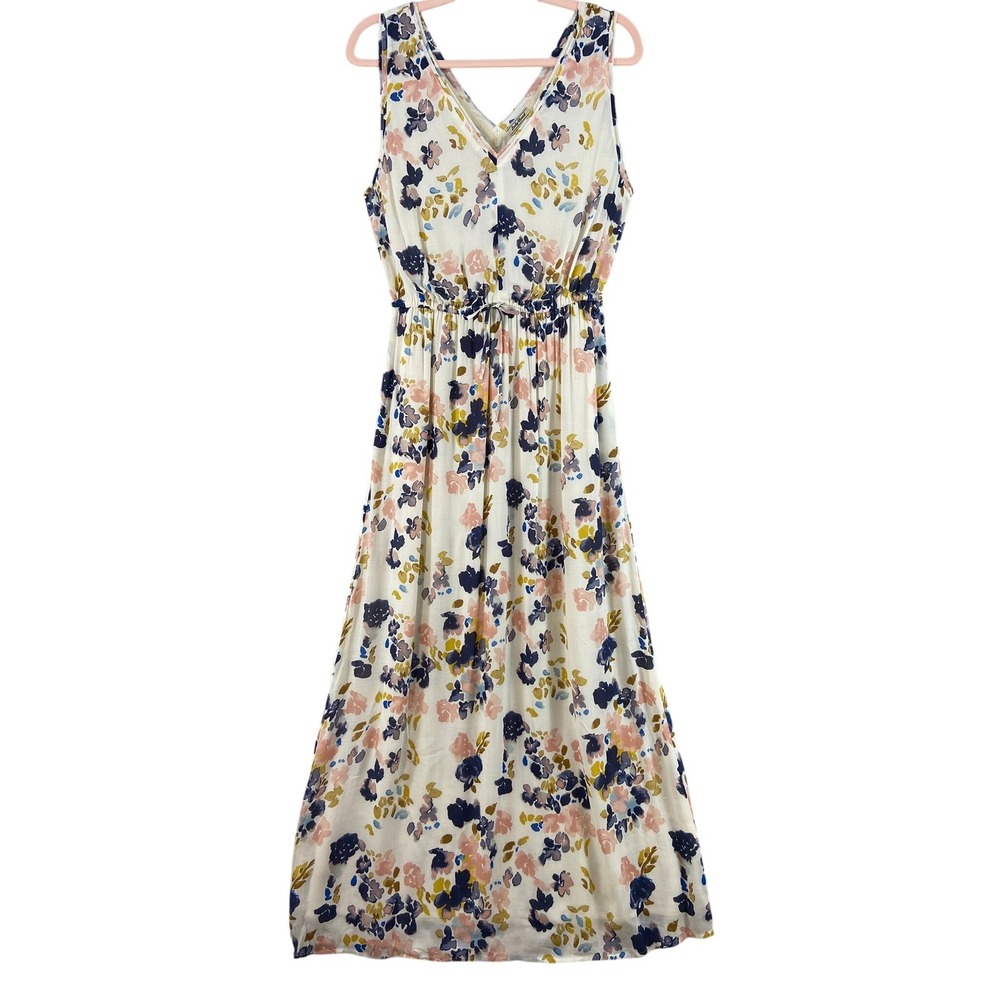 Lucky Brand Maxi Dress Womens Sz M Cream Floral V-Neck Boho Elastic Waist